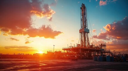 Obraz premium A modern oil well farm with cutting-edge rigs extracting petroleum at sunrise, with warm tones in the sky contrasting the advanced technology.