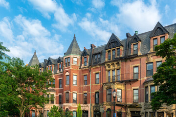 Fototapeta premium Mansard Roofs and Turrets on Classic Boston Row Houses in Boston, Massachusetts, USA