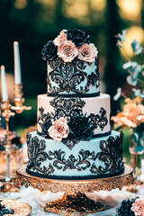 Pastel gothic cake decorated with pink, blue, white and black elements.