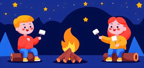 Fototapeta premium Friends around a campfire, roasting marshmallows under the stars