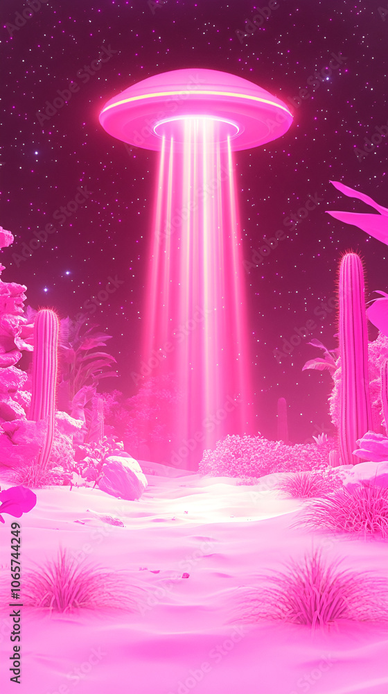 Wall mural a vivid representation of a ufo beaming light down in a surreal desert during a brightly colored nig