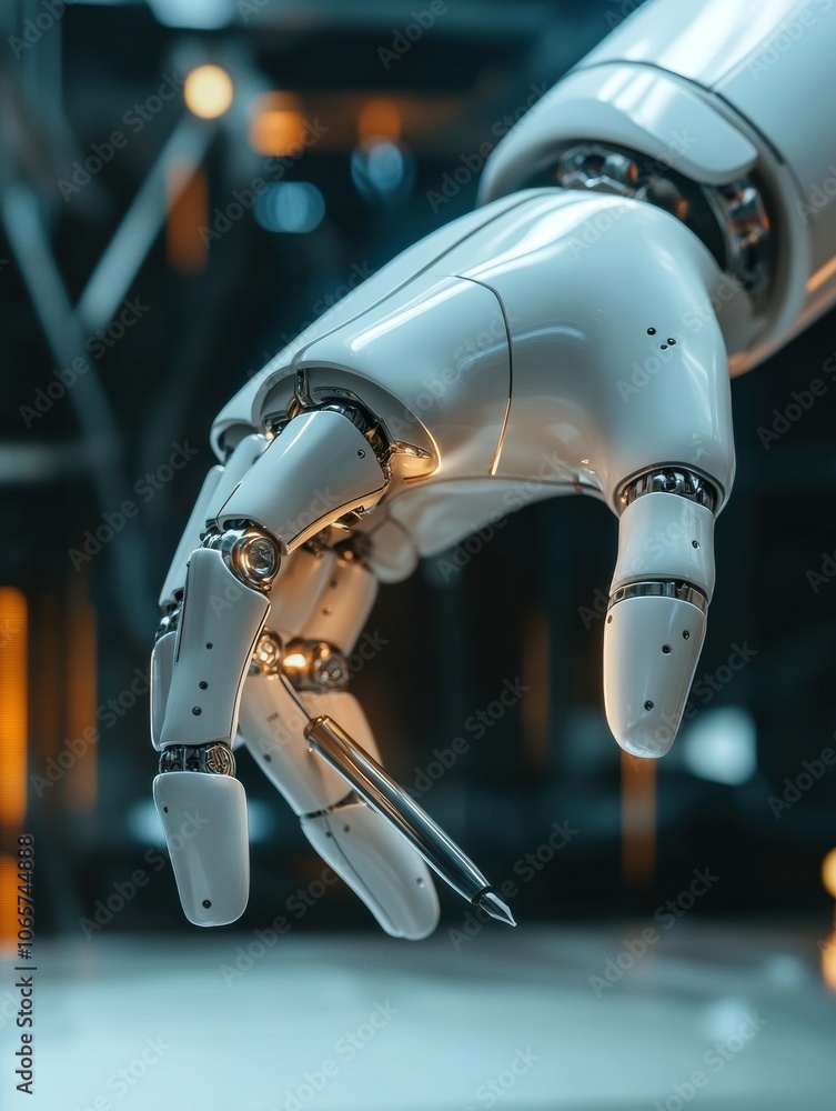 Leinwandbilder a robotic prosthetic hand delicately holds a small pen, showcasing advanced technology and precision