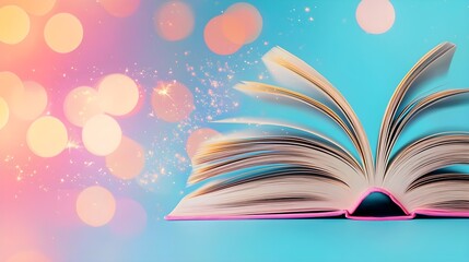 Open book emitting colorful magical energy, swirling lights and sparks, symbolizing imagination, fantasy, and the power of storytelling