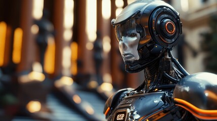 Fototapeta premium A futuristic robot with a sleek design, set against an architectural background.