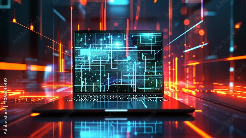Poster digital technology revolution with glowing circuits and data streams visualized on a modern laptop