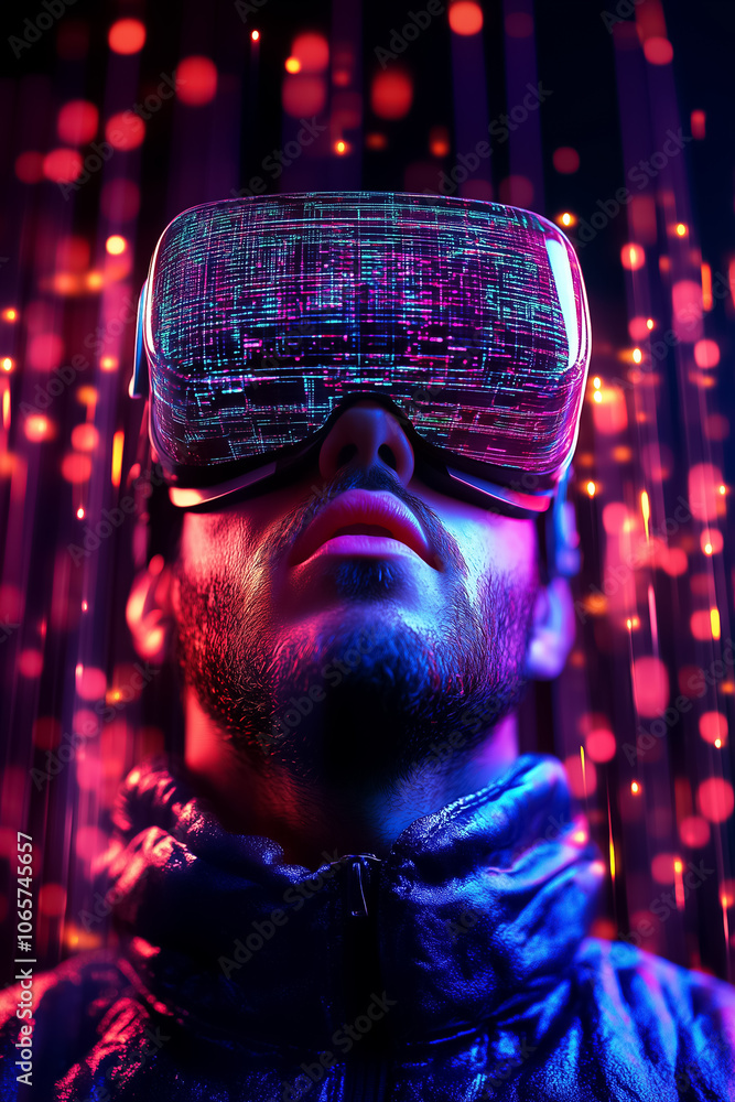 Aufkleber a person enjoys an immersive virtual reality experience surrounded by bright lights and digital patt