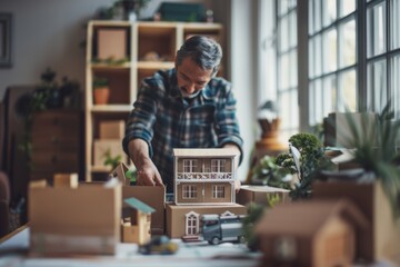Fototapeta premium Business man or husband unpacking a miniature new house for his wife or client