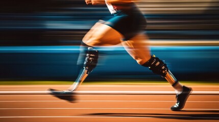 An athlete races down a track using a prosthetic leg, showcasing determination and athleticism under bright sunlight. Generative AI