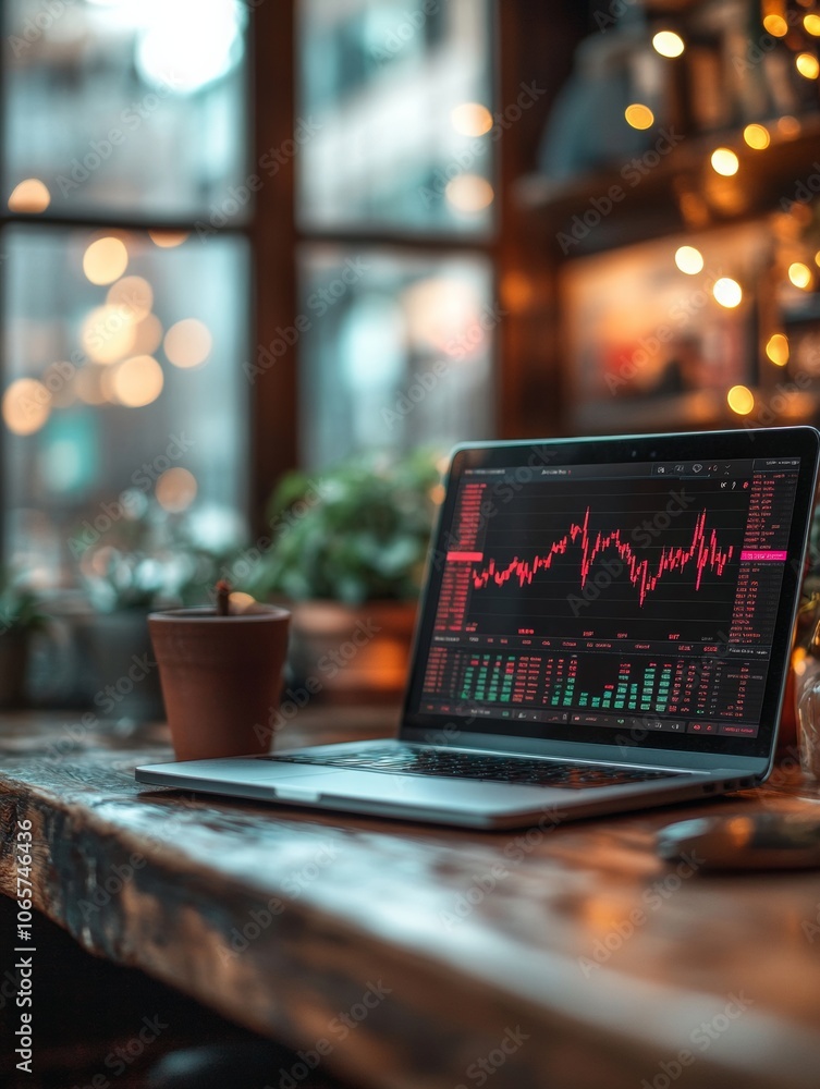 Poster wheelchair user analyzing cryptocurrency market data on laptop in warmly lit professional setting
