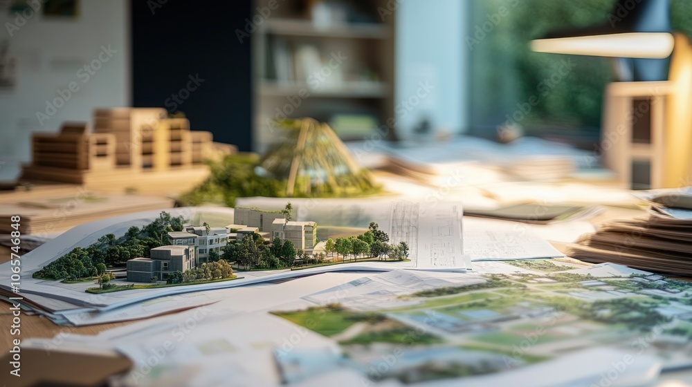 Aufkleber a workspace featuring architectural models and plans for sustainable development projects.