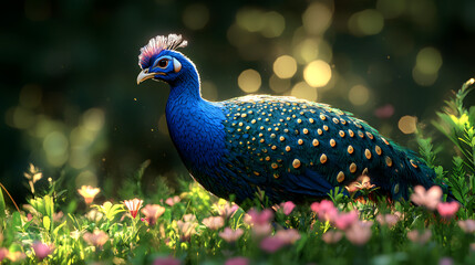 Obraz premium An Enchanting Scene of a Blue Guineafowl Amidst a Flourishing Green Landscape Rich in Flora and Fauna