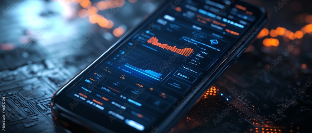 Aufkleber smartphone displaying cryptocurrency trading app with live market data on dark background