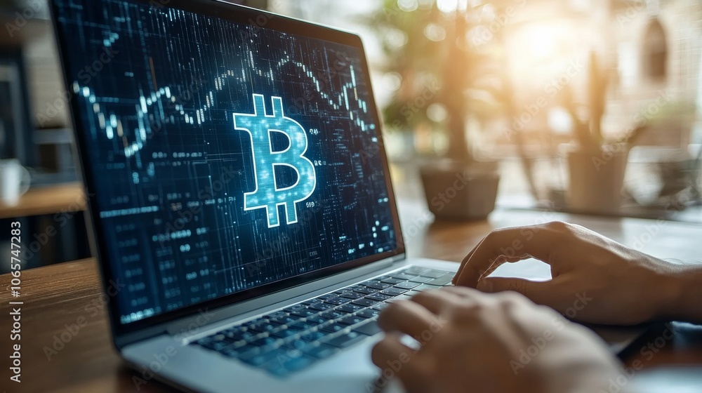 Leinwandbilder cryptocurrency trader analyzing bitcoin growth on laptop in modern office