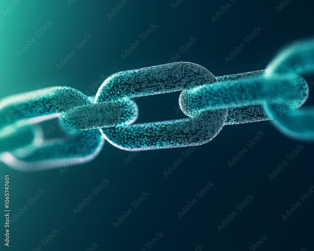 Poster futuristic blockchain network interconnected digital chains in blue and green high-tech design