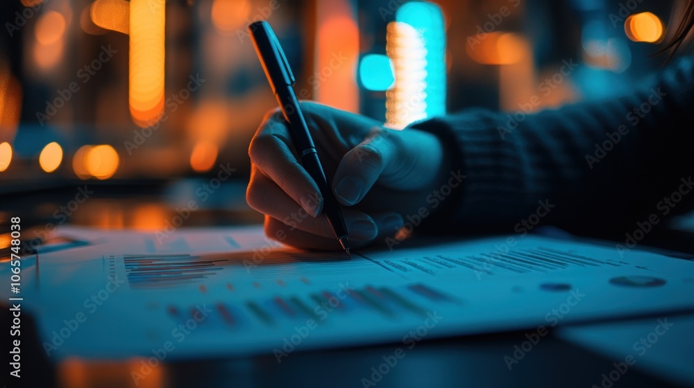 Poster a hand holding a pen over a document with graphs and data in a dimly lit environment.