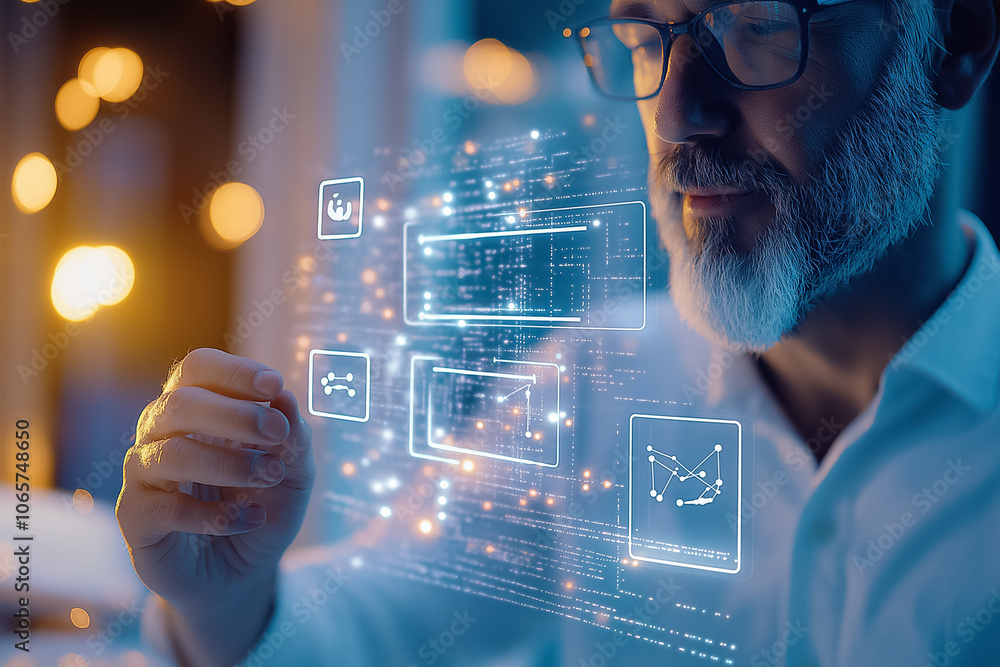 Poster a professional examines glowing holograms displaying data charts and graphs in a stylish office sett