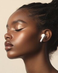 Young Female in Profile with Earphones Soft Tones and Relaxed Aesthetic in Modern Stock