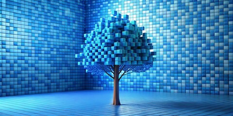 A 3D Render of a Blue Cubic Tree in a Room of Blue Tiles