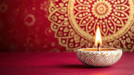 A lit diya candle with an intricate design sits on a red background with a mandala pattern.