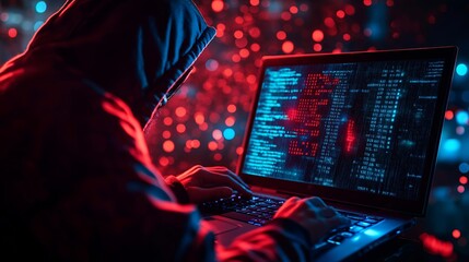 Hacker with a hood working on a laptop, depicting cyber security threats and data vulnerability in a digital environment.