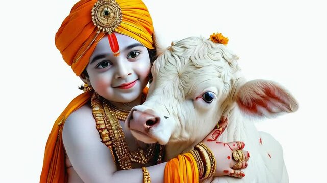 Tender Embrace of Krishna: Boy dressed as Lord Krishna in traditional Indian attire tenderly hugging a calf, love, beauty and serenity