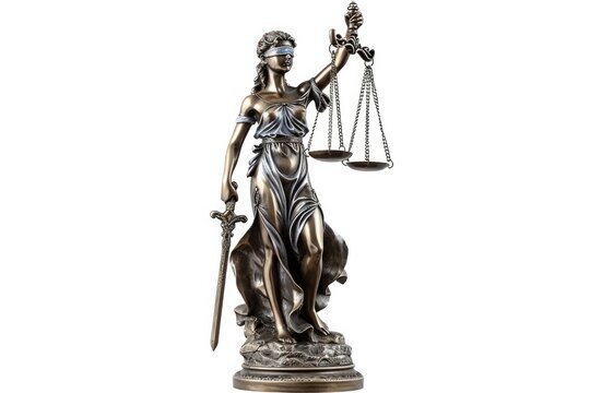 Themis with scale and sword isolated on white. Justice and law symbol statue