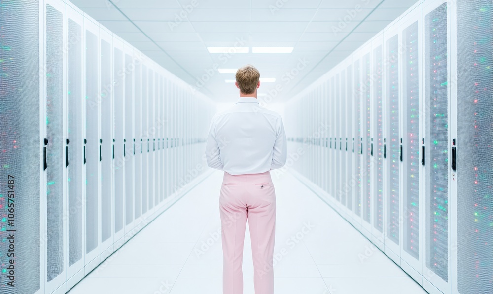Poster Technician in Data Center Corridor Addressing Connectivity Challenges in Minimalist High-Tech Environment