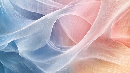 Fototapeta premium Pastel Dream: Abstract image of flowing, translucent fabric in soft pastel hues of blue, pink, and peach. Evokes feelings of serenity and ethereal beauty. 