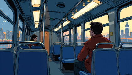 Fototapeta premium a man sits on a bus with a man on his lap and a woman in a red shirt.