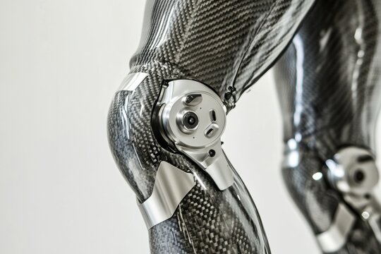 Close-up reveals innovative design features of a modern prosthetic leg, highlighting its metal and carbon fiber components. Generative AI
