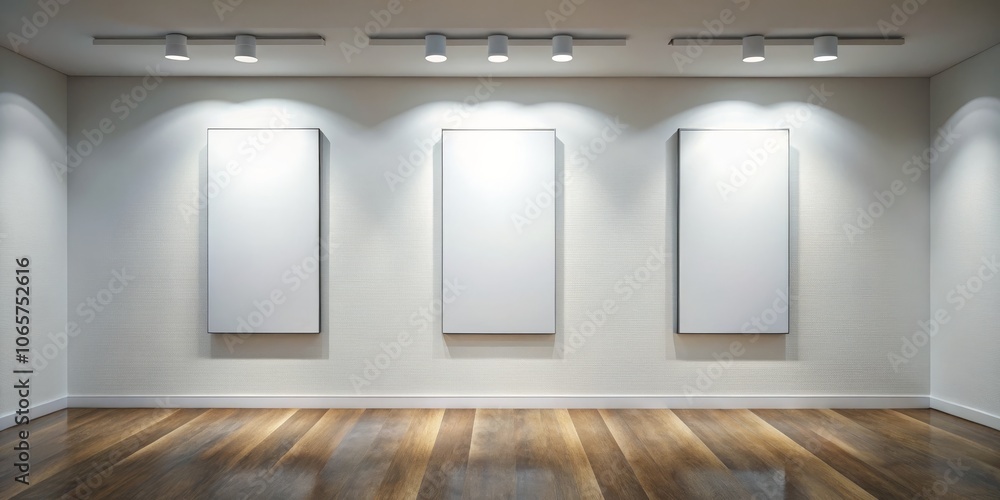 Poster empty gallery with three frames and wooden floor