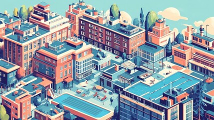 Vibrant Urban Cityscape with Colorful Rooftops and Modern Architecture