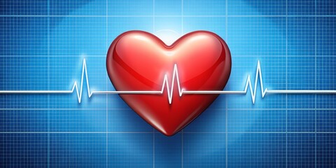 Heart Health 3D Red Heart on a Blue Grid EKG Pattern