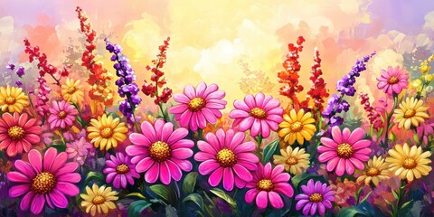 Fototapeta premium 美しい色とりどりの花々が咲き誇る春の風景、夕日の光を浴びて輝いている