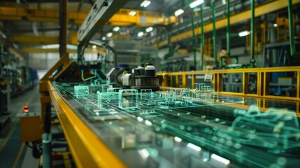 Fototapeta premium Futuristic Manufacturing Line with Transparent Design Overlays, showcasing advanced technology in a modern industrial setting with intricate digital schematics