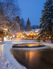 Fototapeta premium Snow-covered landscapes, cozy cottages, and ice skating scenes.