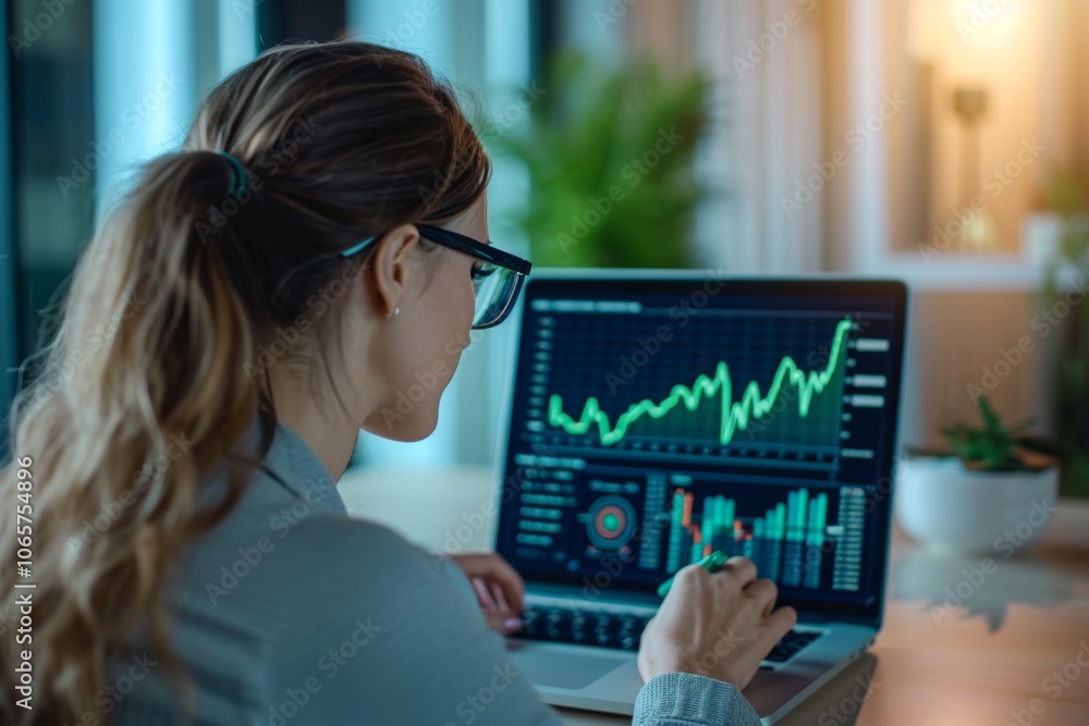 Poster close-up view of a laptop screen displaying stock market trends and data analysis during a bright wo