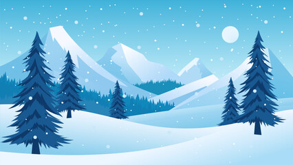 Winter evening rush landscape. Rising moon over beautiful snow-capped mountain peaks. Mountains, hills, forest, fir trees and pine trees in snowy weather.