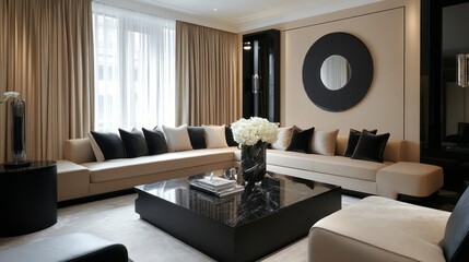 Modern Living Room Interior with Beige Sectional Sofa, Black Coffee Table, and Large Mirror