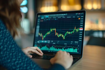 Fototapeta premium Close-up view of a laptop screen displaying stock market trends in a modern workspace during the day