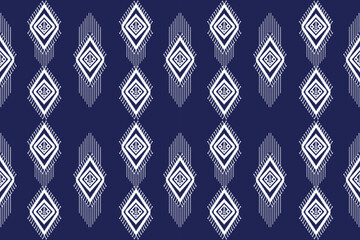 Seamless ikat embroidery pattern in brown, white geometric shapes. Blue background, illustration, vector, design.
