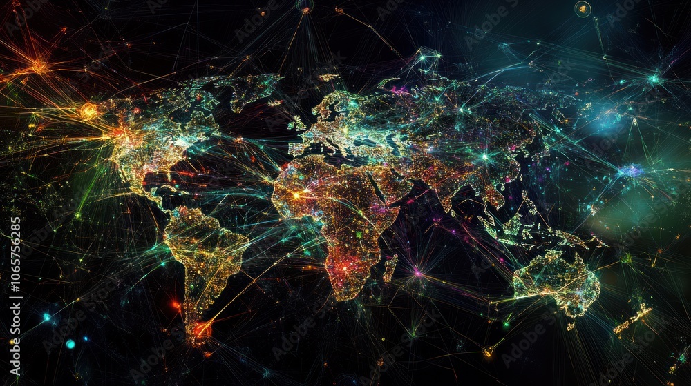 Poster a colorful, abstract representation of a world map with interconnected lines and nodes.