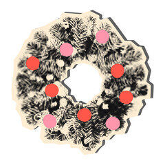 Christmas wreath halftone art collage cut out element. Paper clipping sticker, New Year sticker with vintage dotted texture and doodle ornaments. Modern retro grunge mixed media vector illustration