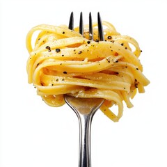Freshly cooked linguine twisted on a silver fork with pepper seasoning