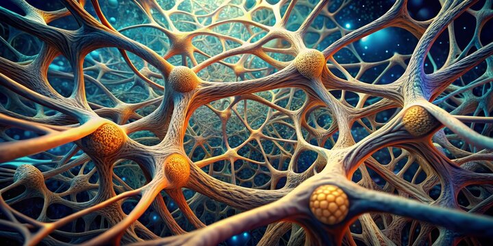 Neural Network Interconnected Pathways and Nodes in a Vibrant Blue and Orange Palette