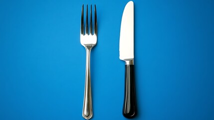 A fork and knife on a plain blue background.