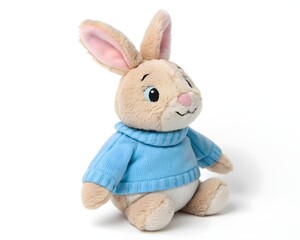 Obraz premium soft bunny toy in bright, whimsical outfit on white backdrop for visual applications
