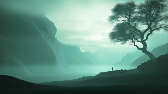 Dystopian surreal foggy countryside landscape with blue green tinted haze. - Powered by Adobe