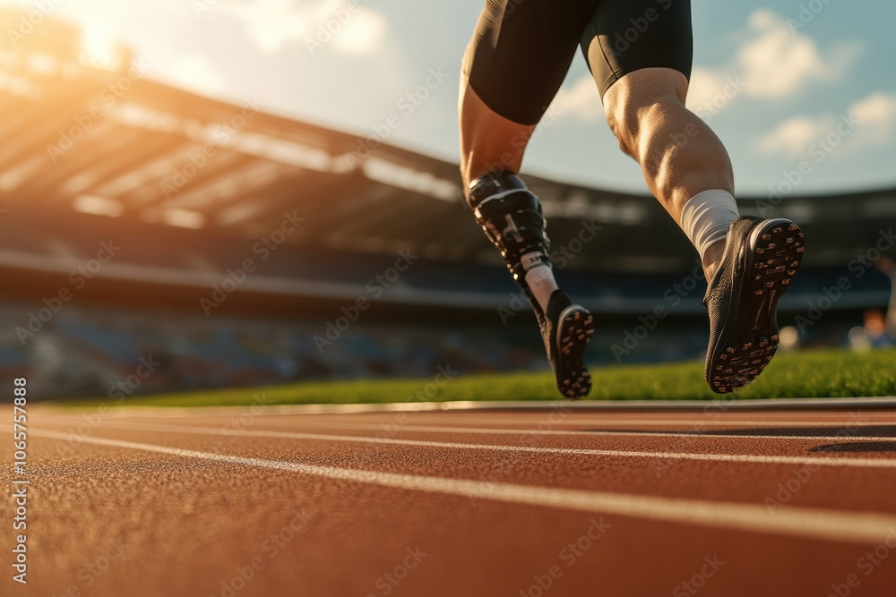 Aufkleber an athlete strides confidently on a track during sunset, showcasing their prosthetic leg while displ
