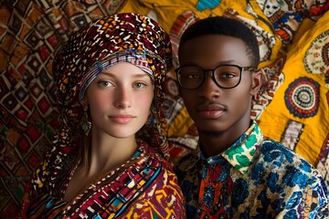 Fototapeta premium portrait of people withy vibrant colors, representing cultural diversity, ethnic attire, colorful African prints and modern beauty